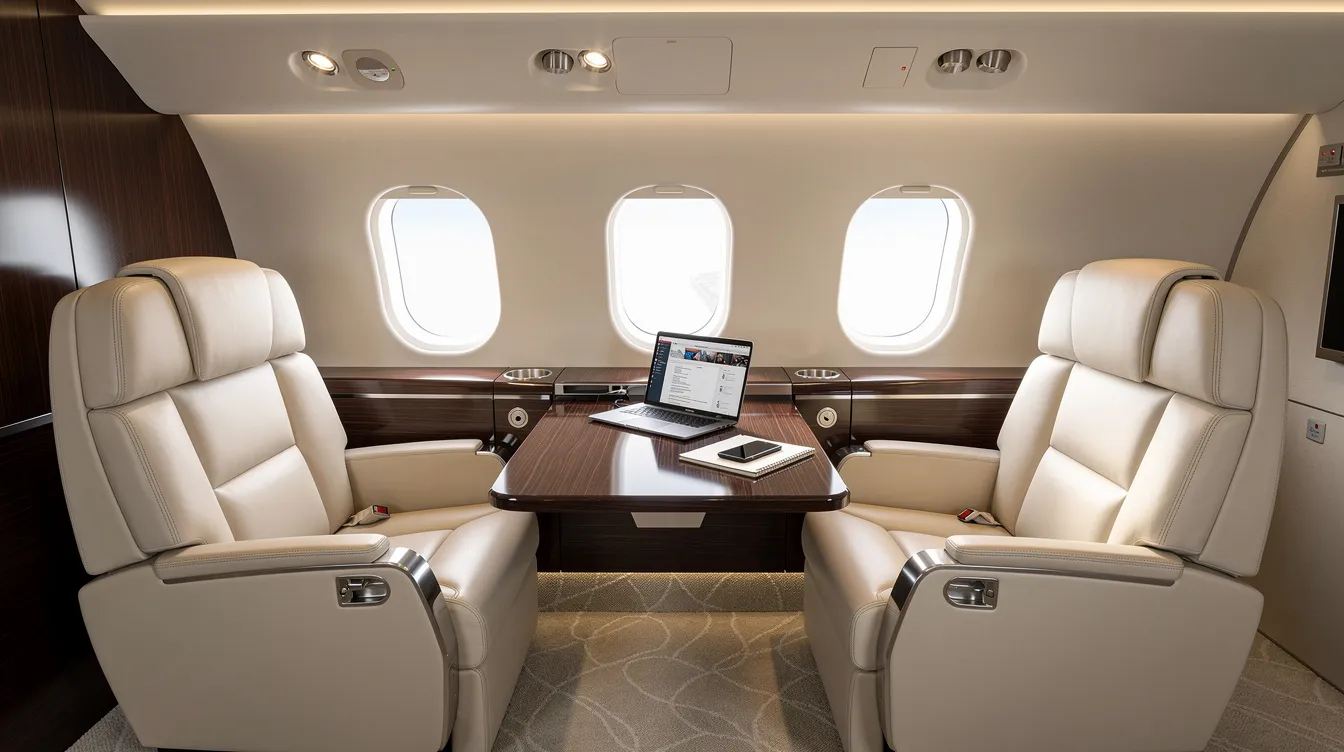The image depicts the interior of a luxurious business jet cabin, featuring plush leather seats arranged around a polished work table, ideal for both business purposes and personal recreation. This private jet setting highlights the importance of aircraft ownership, showcasing the comfort and amenities that come with the total yearly operating expenses of such specialized planes.