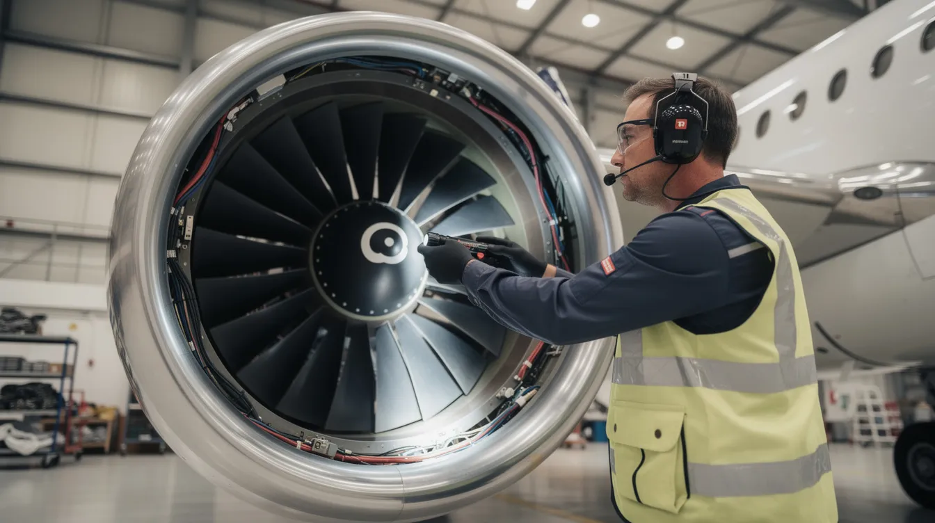 A maintenance technician is closely inspecting an aircraft turbine engine inside a well-lit hangar, highlighting the importance of routine maintenance and thorough pre-purchase inspections for private jet owners. The image emphasizes the intricate details of the engine, crucial for understanding ongoing costs and ensuring aircraft condition.