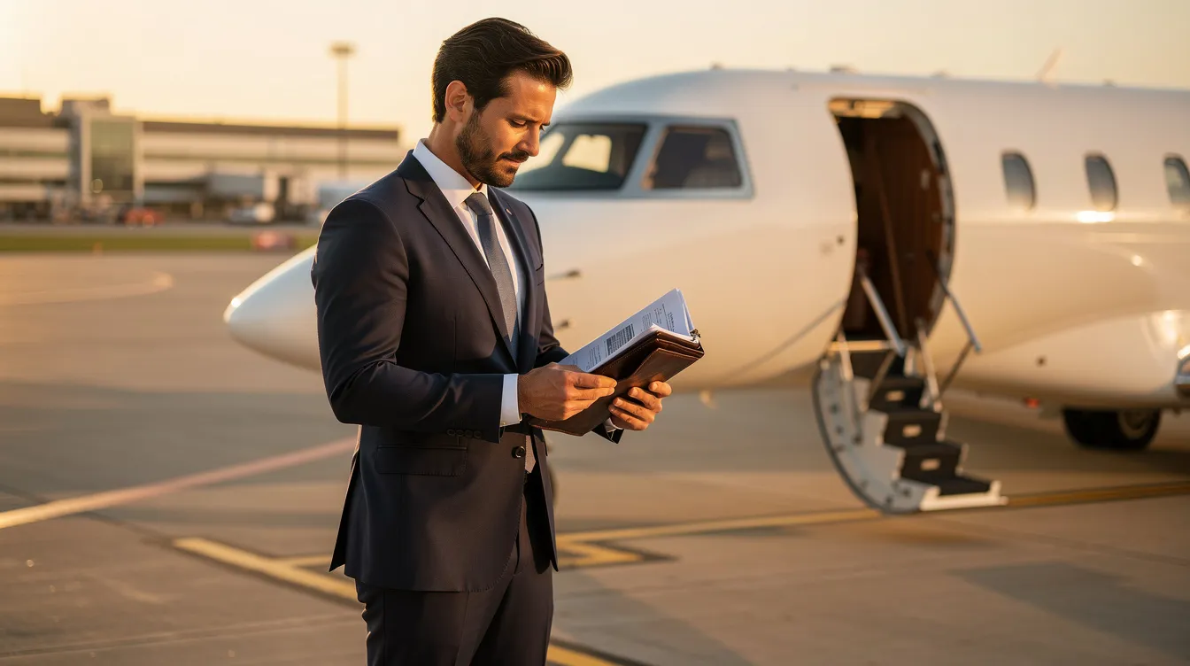 A business professional is reviewing documents next to a sleek private jet on an airport apron, highlighting the considerations of aircraft ownership and the various operating costs involved in private aviation. The scene emphasizes the importance of informed decisions regarding total yearly operating expenses and the true cost of maintaining a private plane.