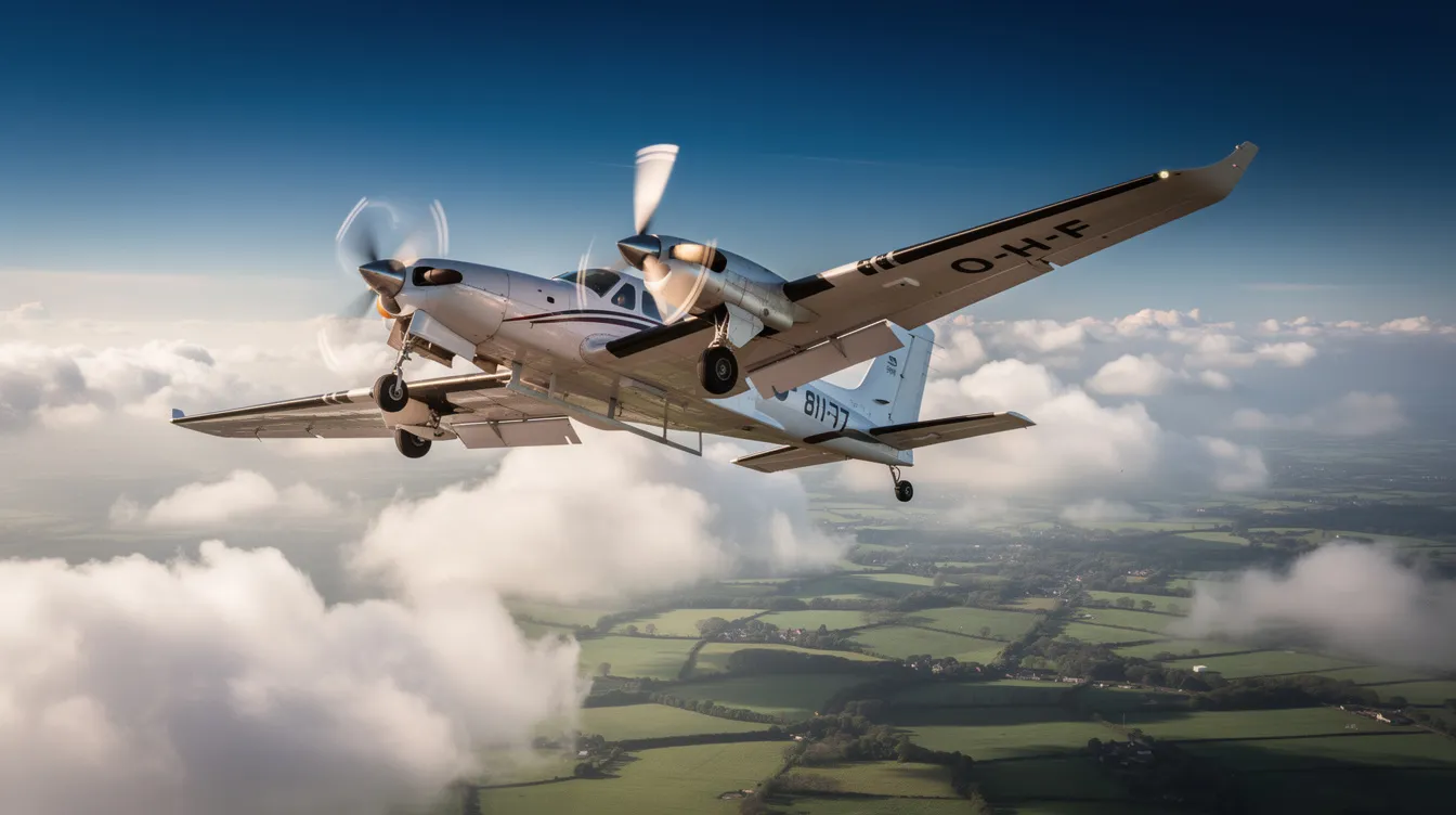 A single-engine turboprop aircraft is climbing through fluffy clouds, flying above vibrant green countryside. This scene showcases the essence of private aviation, highlighting the beauty of recreational flying and the operational costs associated with owning such specialized planes.