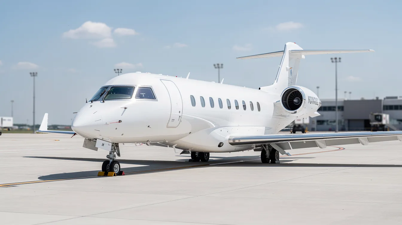 A bright and clean exterior view of a white business jet parked on a sunny tarmac, showcasing its sleek design and polished surface, ideal for aircraft buyers and sellers looking for premium jets. The image highlights the aircraft's readiness for ownership and operation in a vibrant setting.