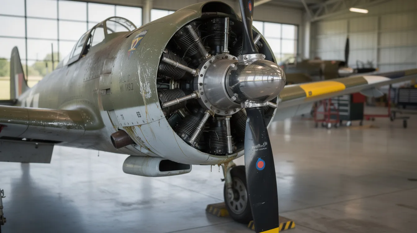 The image shows a close-up view of a radial piston engine, prominently featured on a vintage military training aircraft resting on the hangar floor. This rare aviation piece is well-maintained and part of a sale for collectors and buyers interested in restored warbirds ready for flight.