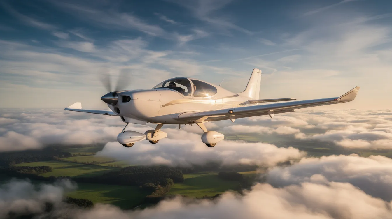 A sleek single engine piston aircraft is soaring above a layer of fluffy clouds, with a vibrant green landscape visible below. This modern aircraft, equipped with advanced features like a Cirrus airframe parachute system, exemplifies efficiency and performance in the skies.