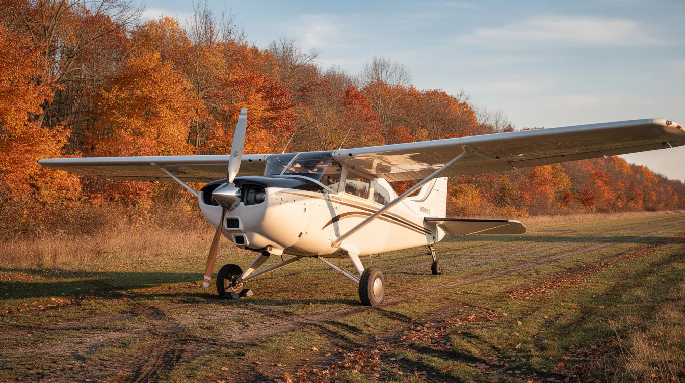 A classic high-wing single engine airplane is parked on a grassy airstrip, surrounded by vibrant trees showcasing autumn colors. This single engine piston aircraft stands ready for flight, embodying the perfect blend of performance and reliability for pilots seeking adventure in the skies.