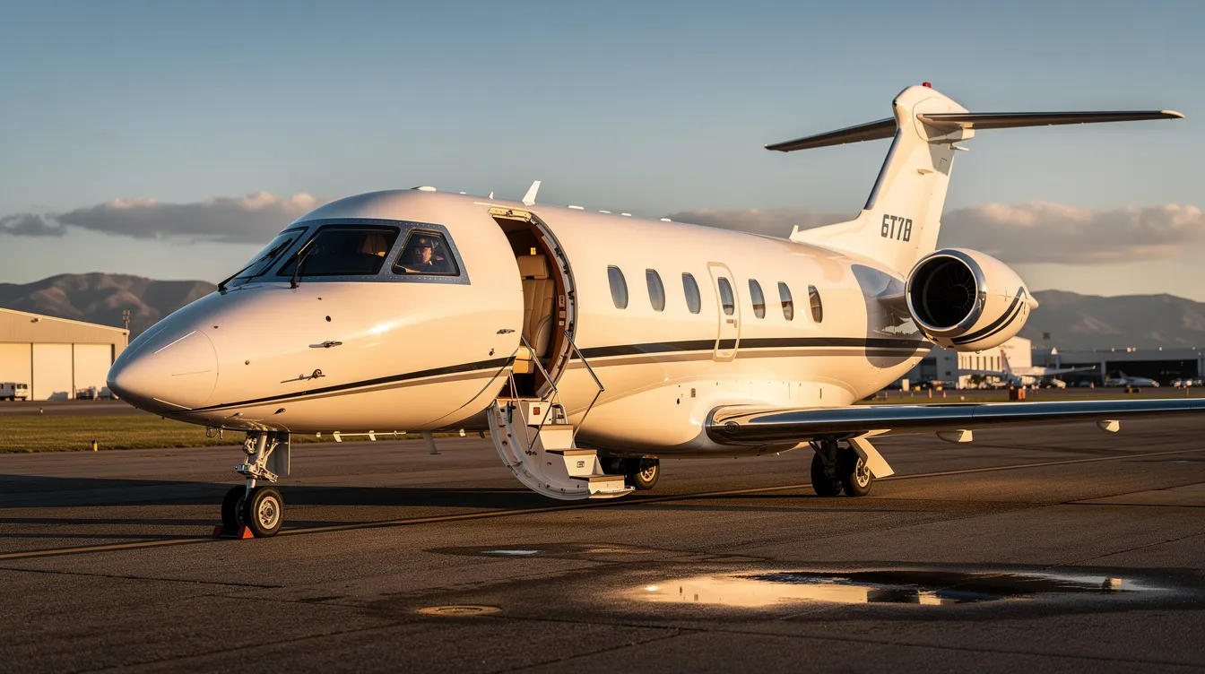 A sleek light jet aircraft is positioned on a runway with its cabin door open, inviting potential buyers to explore the interior. This image highlights the modern design and features of private jets, making it an appealing option in the used aircraft market for those seeking affordable aircraft under 100k.