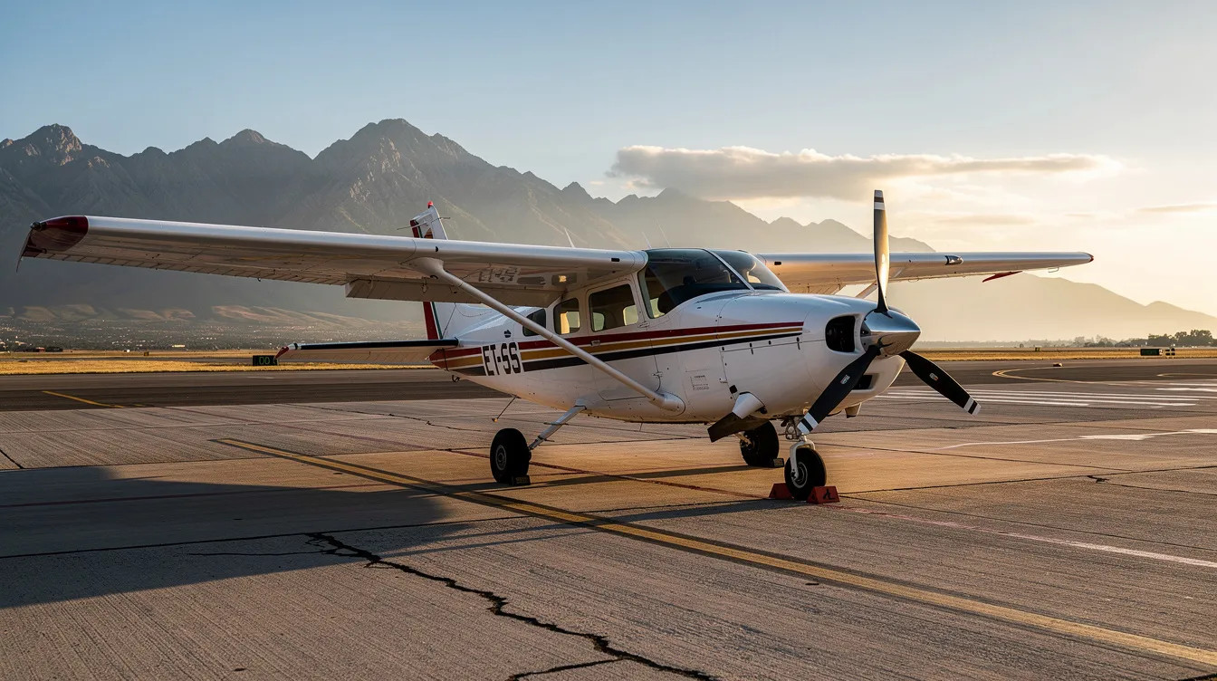 A Piper Cherokee is parked on a sunlit airport tarmac, with majestic mountains rising in the background. This affordable aircraft, popular in the used aircraft market, is ideal for pilots looking to own a piston single for personal flying or flight school training.