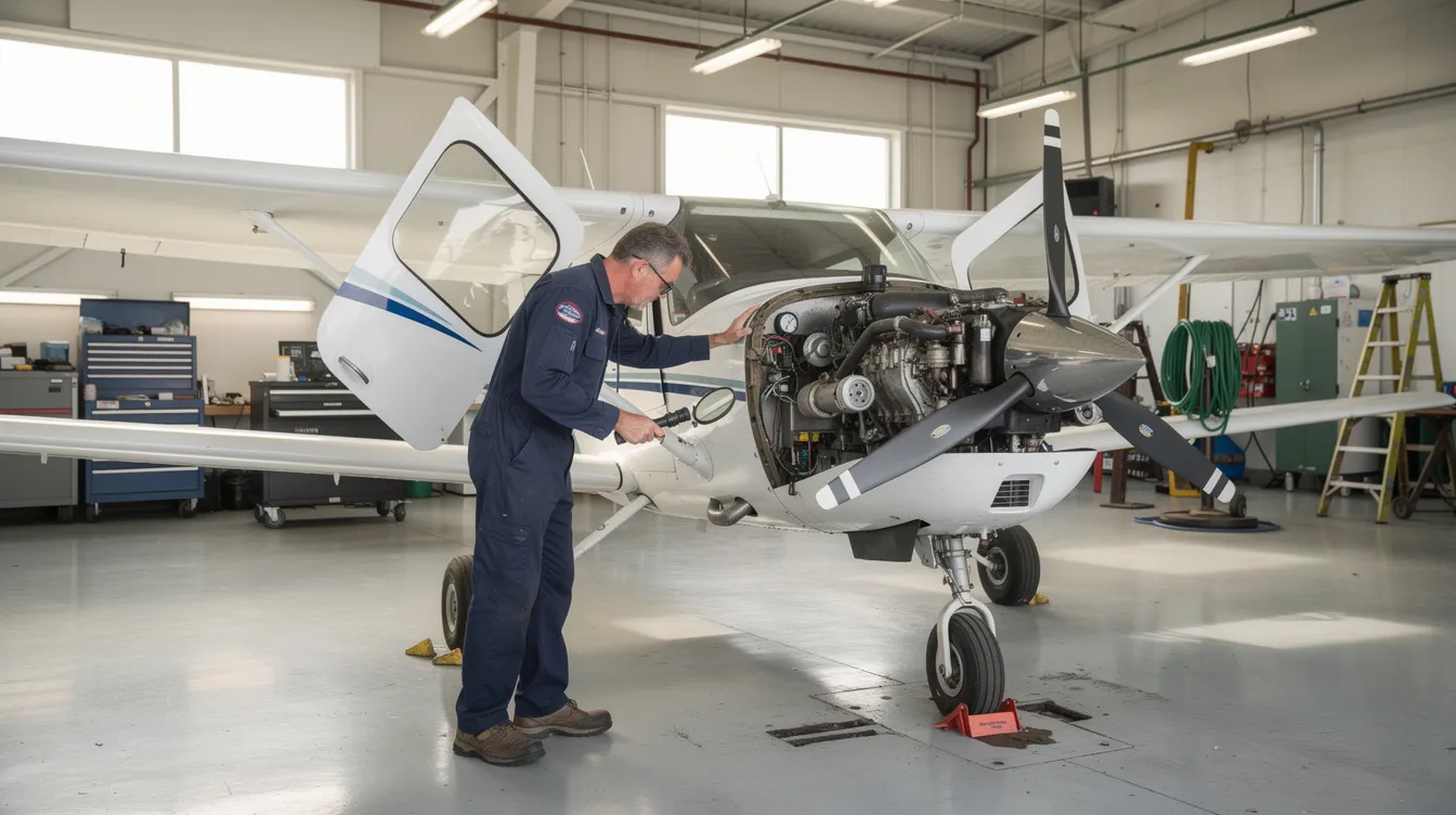 A mechanic is carefully inspecting the engine cowling of a small single-engine airplane in a well-lit hangar, ensuring its maintenance and readiness for flights. This scene highlights the importance of regular checks in the used aircraft market, where affordable aircraft like piston singles are often available for purchase.