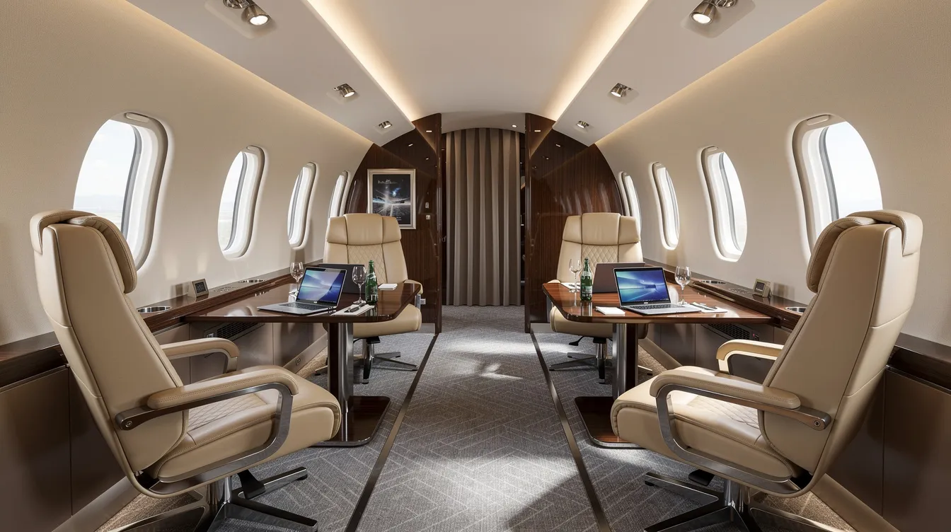 The image depicts the interior of a spacious long-range private jet cabin featuring luxurious leather seats arranged in a conference layout, ideal for private jet travelers seeking a comfortable and professional atmosphere. This design highlights the exceptional service and personalized itineraries available through private jet charter services.