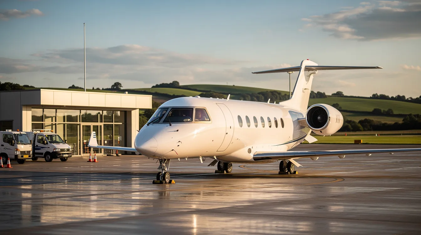 A sleek business jet is parked on the tarmac of a small private aviation terminal, with lush green hills visible in the background, highlighting the appeal of private jet travel for business travelers seeking personalized service and exclusive destinations. This setting reflects the convenience and flexibility of private jet charter services for those looking to fly privately.