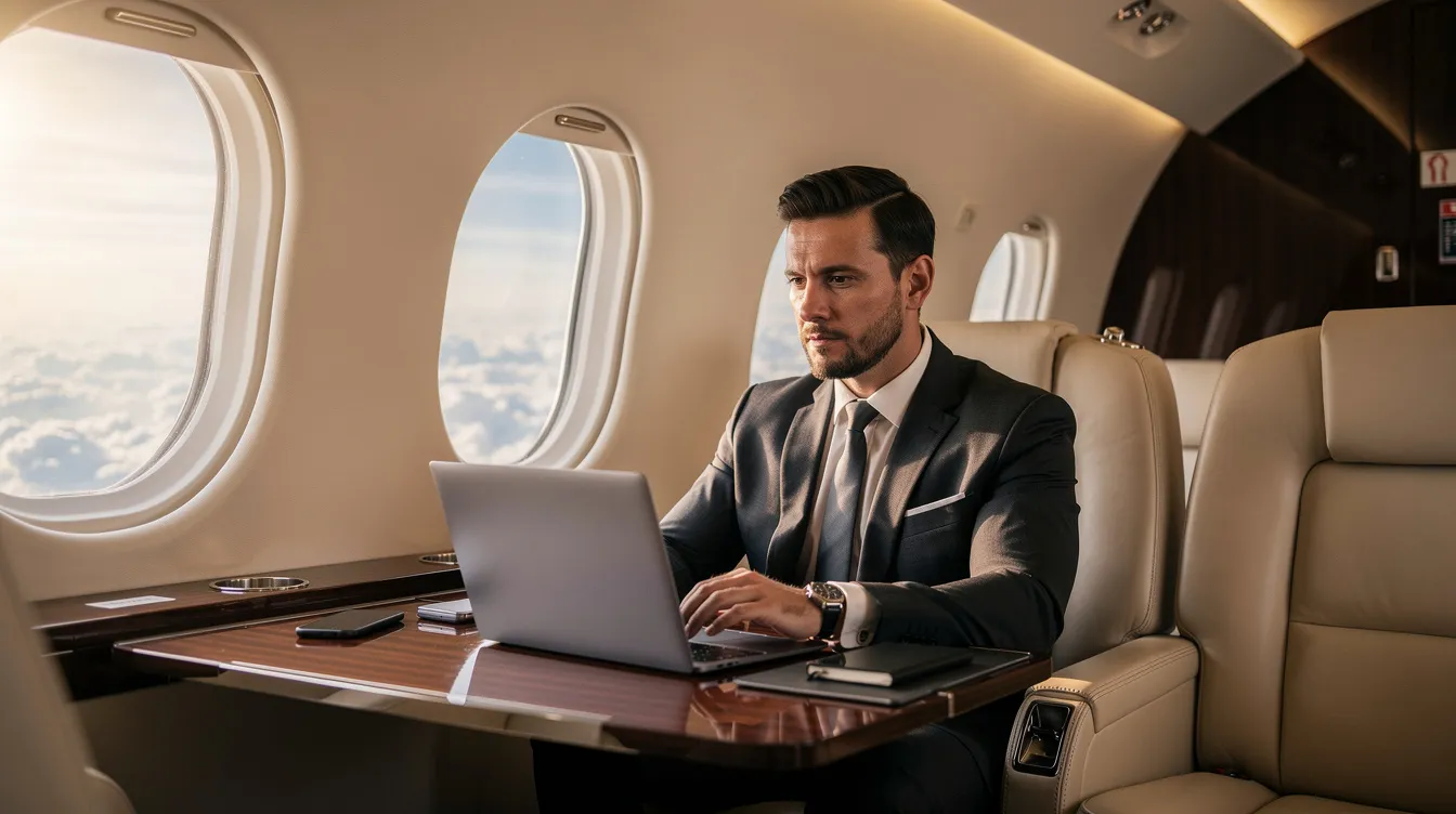 An executive is focused on their laptop inside a well-lit private jet cabin during flight, showcasing the comfort and productivity that private aviation offers to business travelers. The interior reflects the luxurious environment of a private jet charter, designed for personalized service and exceptional travel experiences.