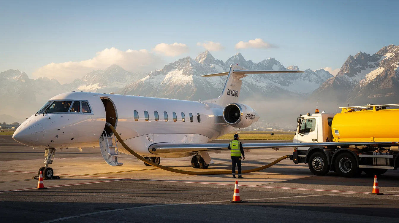 A private jet is being refueled at an airport, with majestic mountains visible in the background, highlighting the exclusive nature of private aviation and the personalized service offered to private jet travelers. This scene captures the essence of private jet charter services, emphasizing the convenience and luxury of private flights.