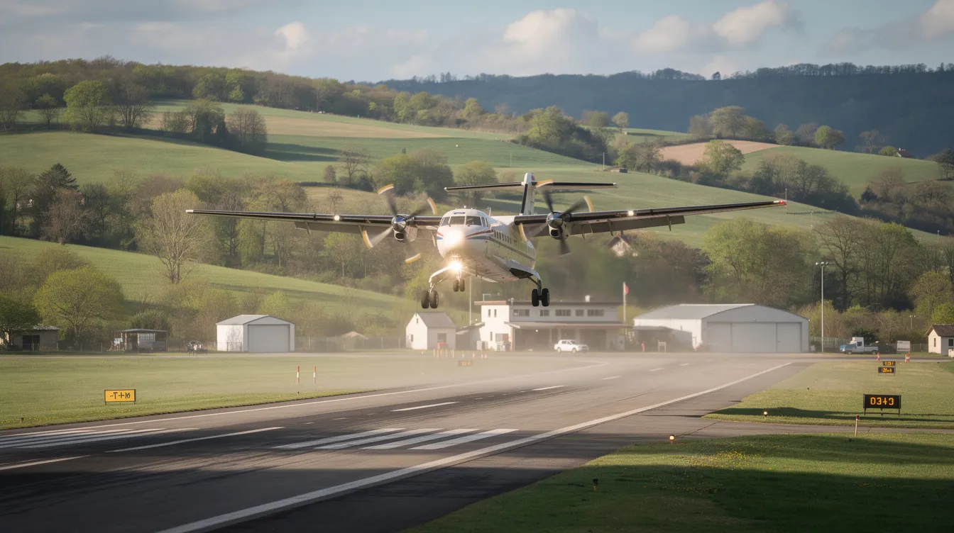 A turboprop aircraft is seen approaching a runway at a small regional airport, with lush green hills in the background. This scene captures the essence of aircraft operations in tranquil settings, highlighting the beauty of aviation.
