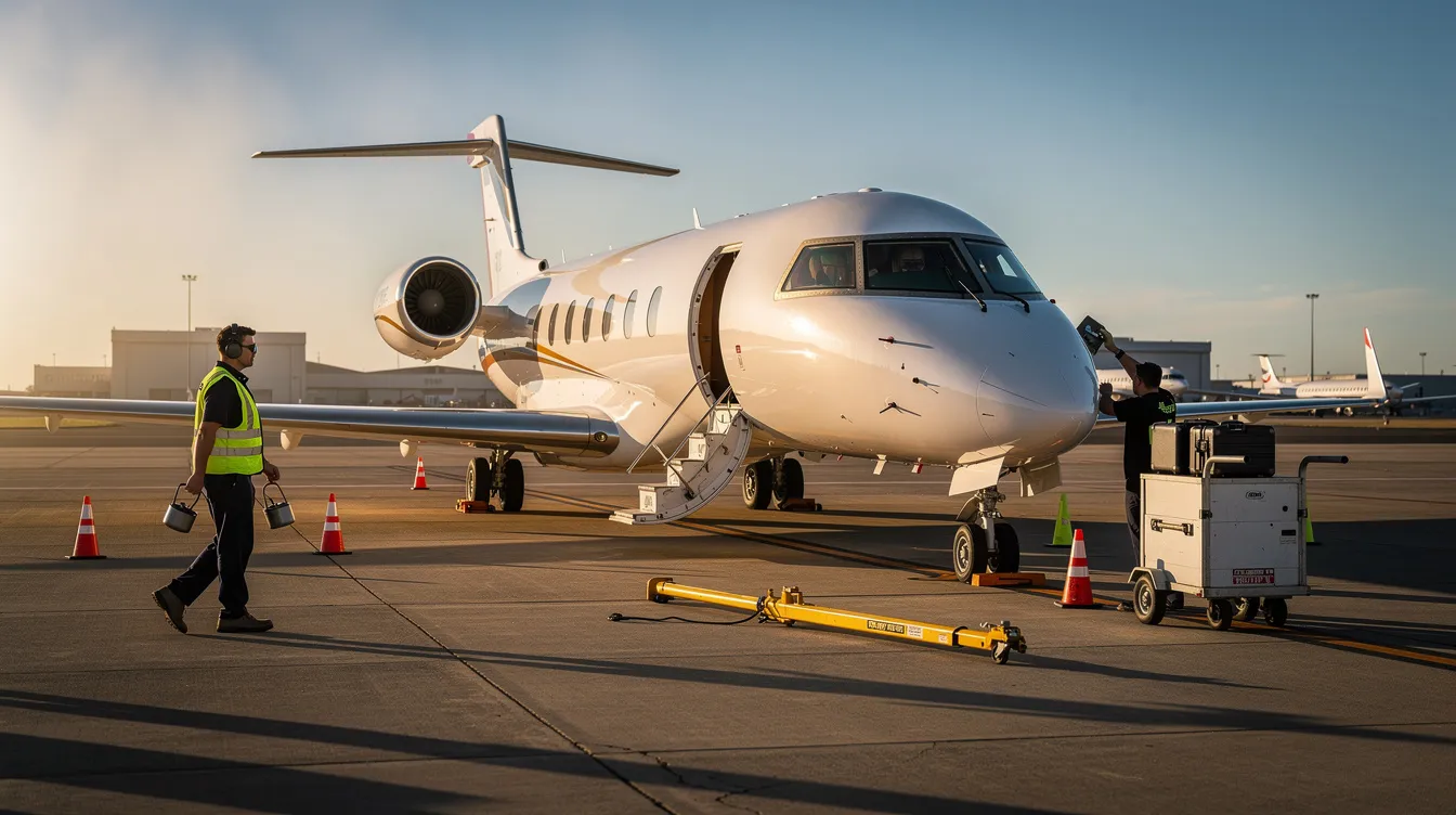 A sleek business jet is parked on a sunlit airport ramp, with ground crew members busily preparing for its departure. The scene captures the essence of private aviation, showcasing the dedication to high-level aircraft solutions and trusted service in an efficient and professional environment.