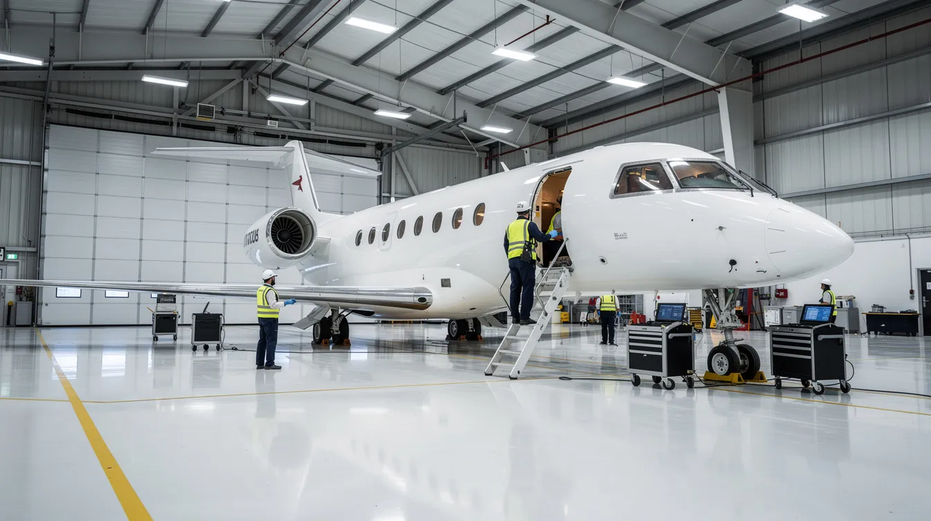 The image shows a business jet inside a well-lit maintenance hangar, where technicians are diligently working nearby to ensure high-level aircraft maintenance. This setting highlights the dedication to safety and efficiency in private aviation services.