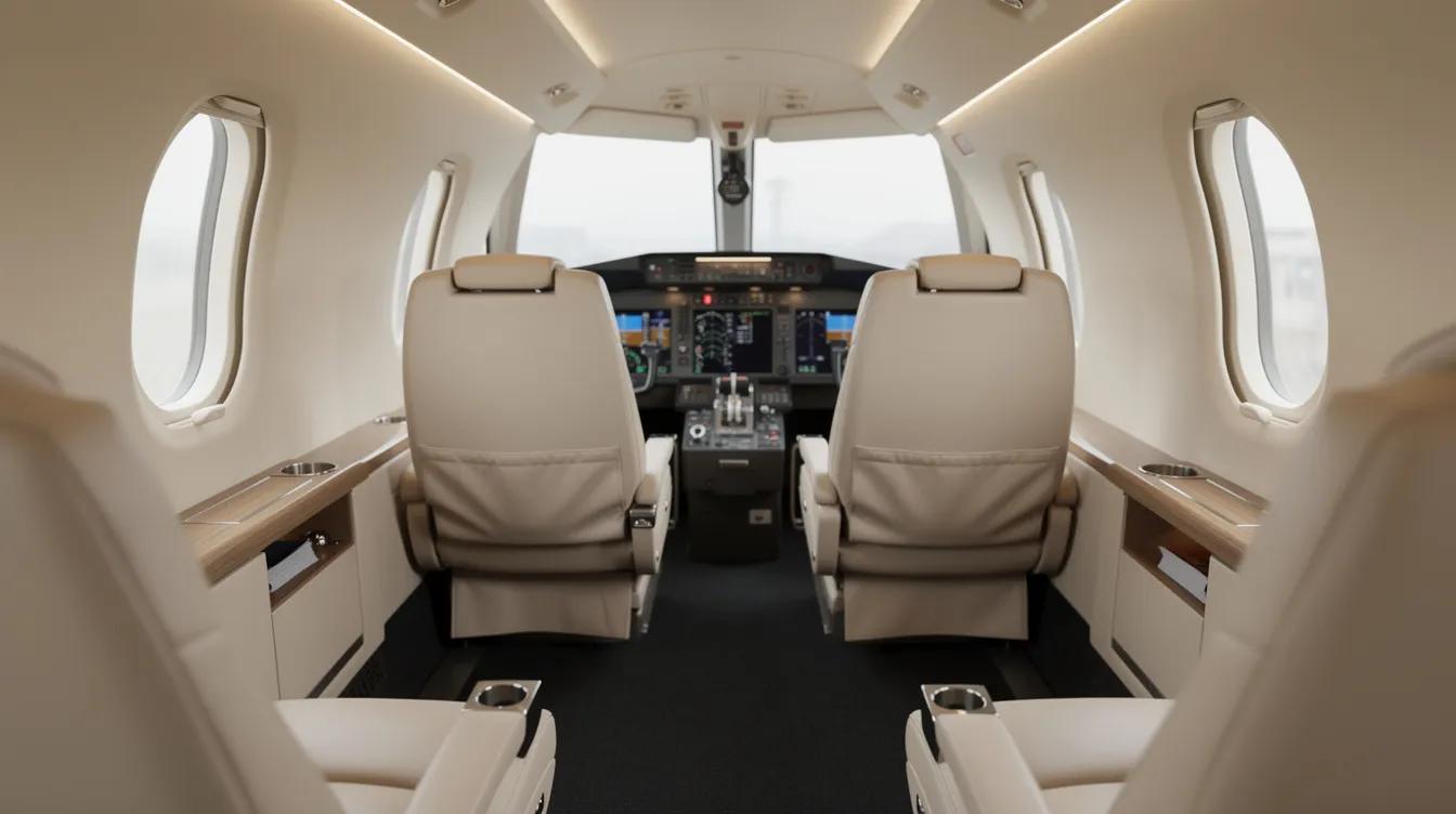 The image shows the interior cabin of a very light jet, featuring plush leather seats designed for comfort, while a compact cockpit is visible in the background, highlighting the aircraft's modern avionics. This private jet offers a stylish and efficient travel experience for private jet owners and frequent flyers.