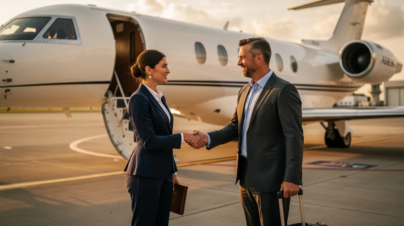 The image depicts a professional handshake between two individuals standing near the stairs of a small private jet on an airport ramp, symbolizing a successful business deal in private aviation. The sleek design of the jet highlights the luxury associated with private jet travel and ownership.