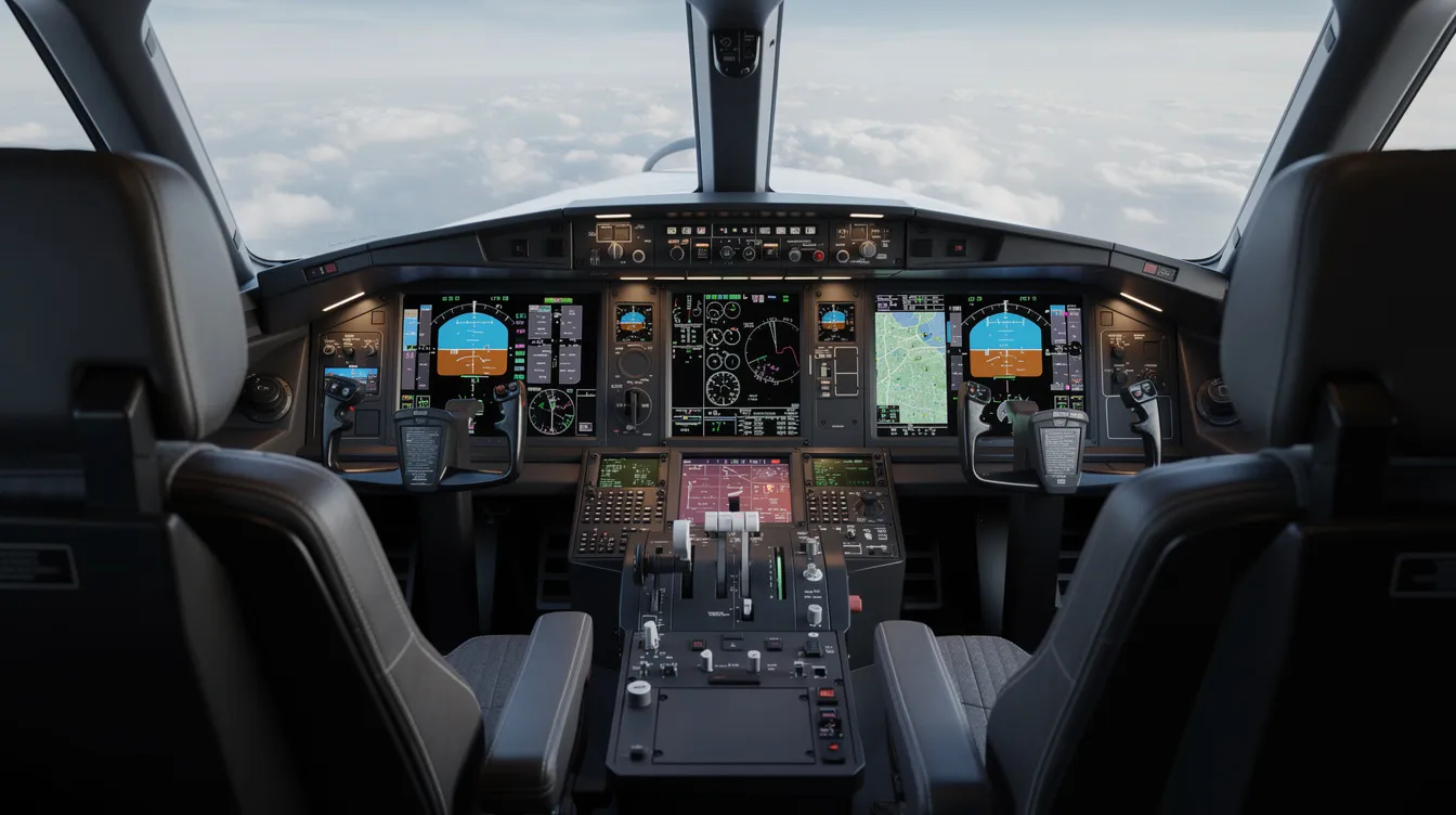 The image depicts a modern private jet cockpit featuring sleek digital displays and advanced avionics, highlighting the cutting-edge technology used in business aviation. The sophisticated layout suggests an environment designed for high-end business jets, emphasizing innovation and efficiency in private aircraft operations.