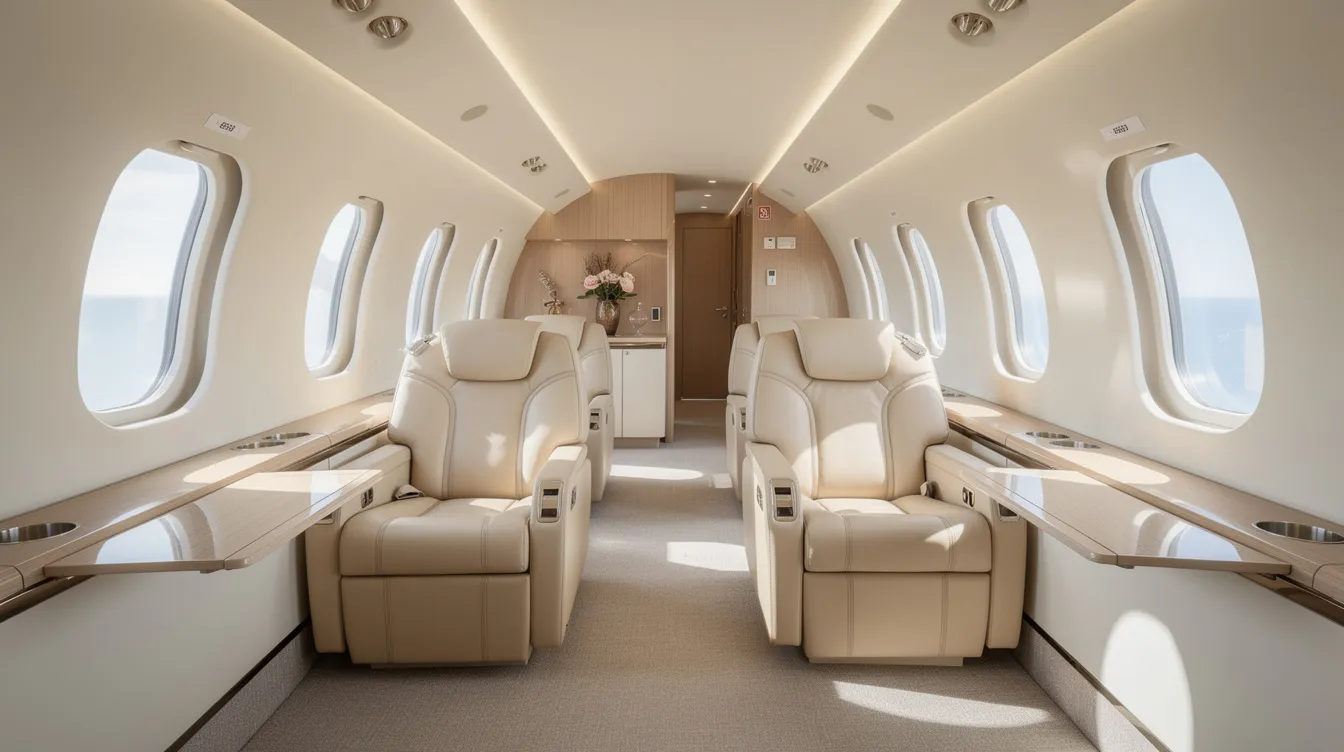 The image depicts the interior of a spacious large cabin private jet, featuring luxurious leather seating and abundant natural light pouring through expansive windows, creating an inviting atmosphere for business aviation. This elegant setting is characteristic of high-end business jets, offering a comfortable flying experience for clients.