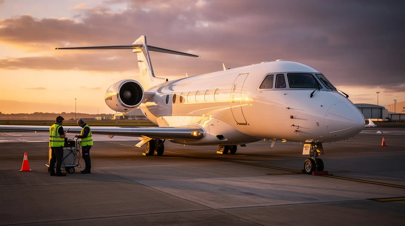 A large white private jet is parked on a tarmac at sunset, with the vibrant colors of the sky providing a stunning backdrop. Ground crew members are nearby, preparing for upcoming charter flights in this luxurious business aviation setting.
