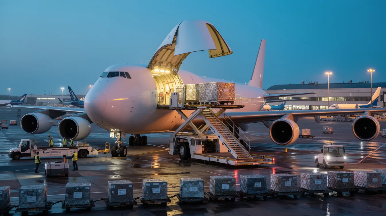 A large Boeing 747 cargo aircraft, equipped with four engines, is being loaded with freight containers through its nose door at a bustling cargo terminal. The scene captures the aircrafts substantial payload capacity and the busy operations typical of a major shipping hub.