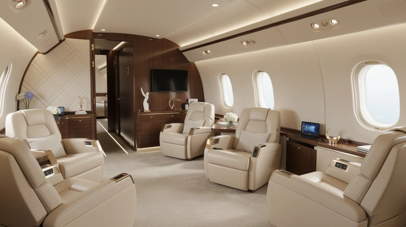The image showcases the interior of a luxury VIP-configured wide-body aircraft cabin, featuring spacious seating areas adorned with refined finishes, ideal for private use. This opulent space is designed for comfort and style, making it an attractive option for buyers interested in high-end aircraft like the Boeing 747.