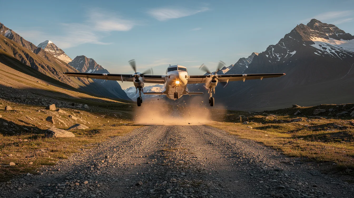 A small turboprop aircraft, resembling those from Cessna or Piper aircraft, is landing on a short gravel runway surrounded by majestic mountains, highlighting the beauty of private aviation in a natural setting. The scene captures the essence of business aviation, showcasing efficient and reliable aircraft in a picturesque environment.
