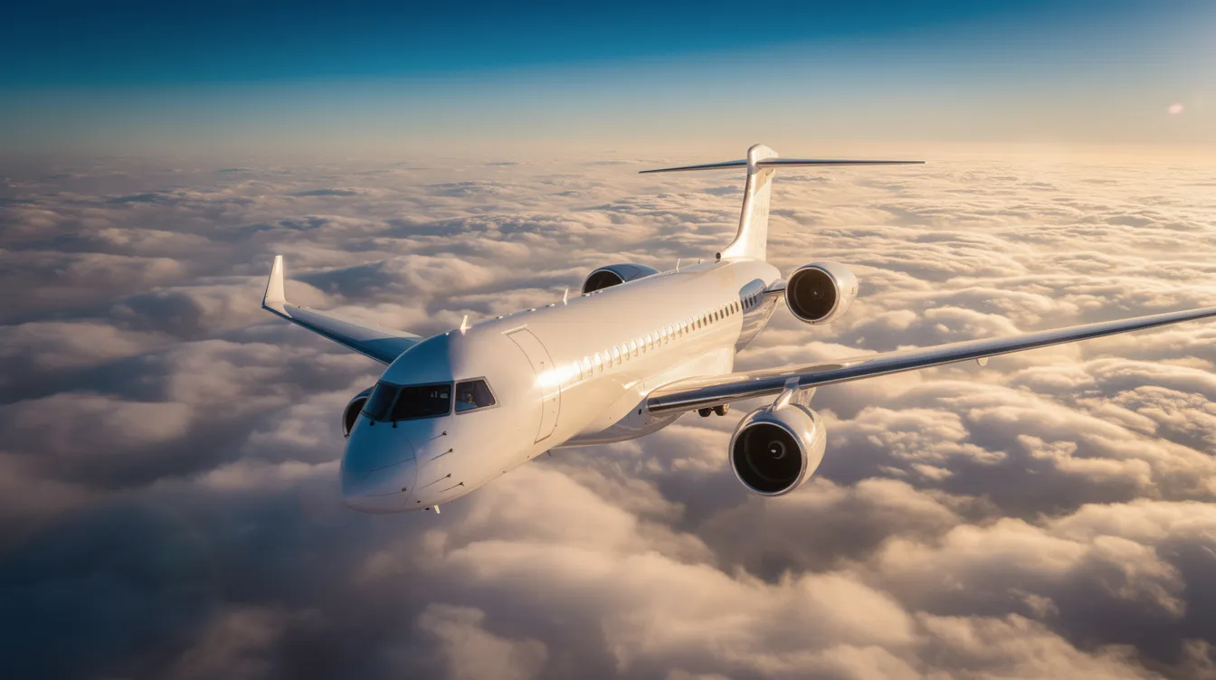 A large business jet, likely from manufacturers like Gulfstream or Bombardier, soars above a blanket of clouds, with sunlight glinting off its sleek fuselage, showcasing the elegance of private aviation. The aircraft exemplifies high performance and aerodynamic efficiency, representing the pinnacle of business jets in the aviation industry.