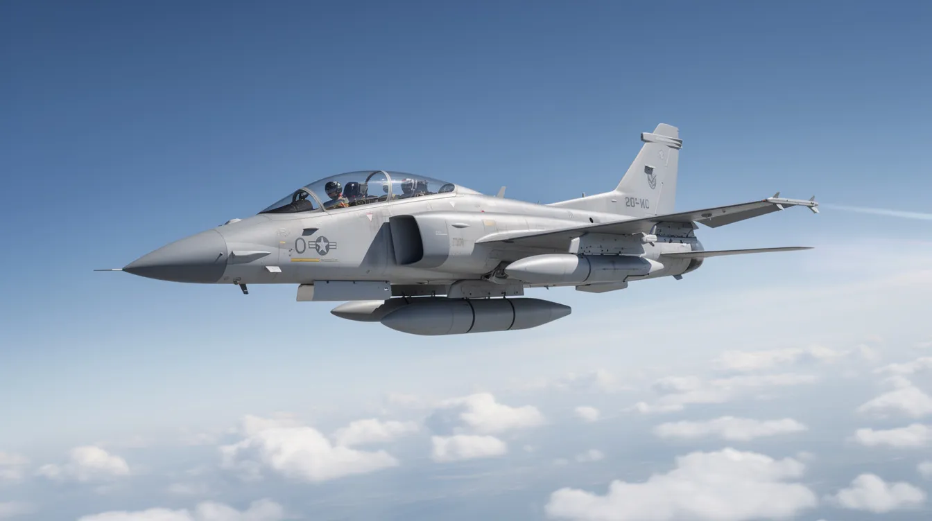 A military trainer jet soars through a clear blue sky dotted with scattered clouds, showcasing its sleek design and agility. This aircraft represents a blend of aviation history and modern engineering, appealing to enthusiasts in the aircraft market.