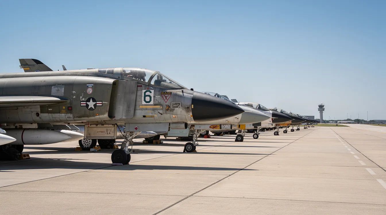 A row of vintage private jets is parked at an airfield under a clear blue sky, showcasing their unique designs and colors. These aircraft represent a segment of the aircraft market that includes fully restored business jets and military aircraft, appealing to buyers interested in luxury and historical aviation.