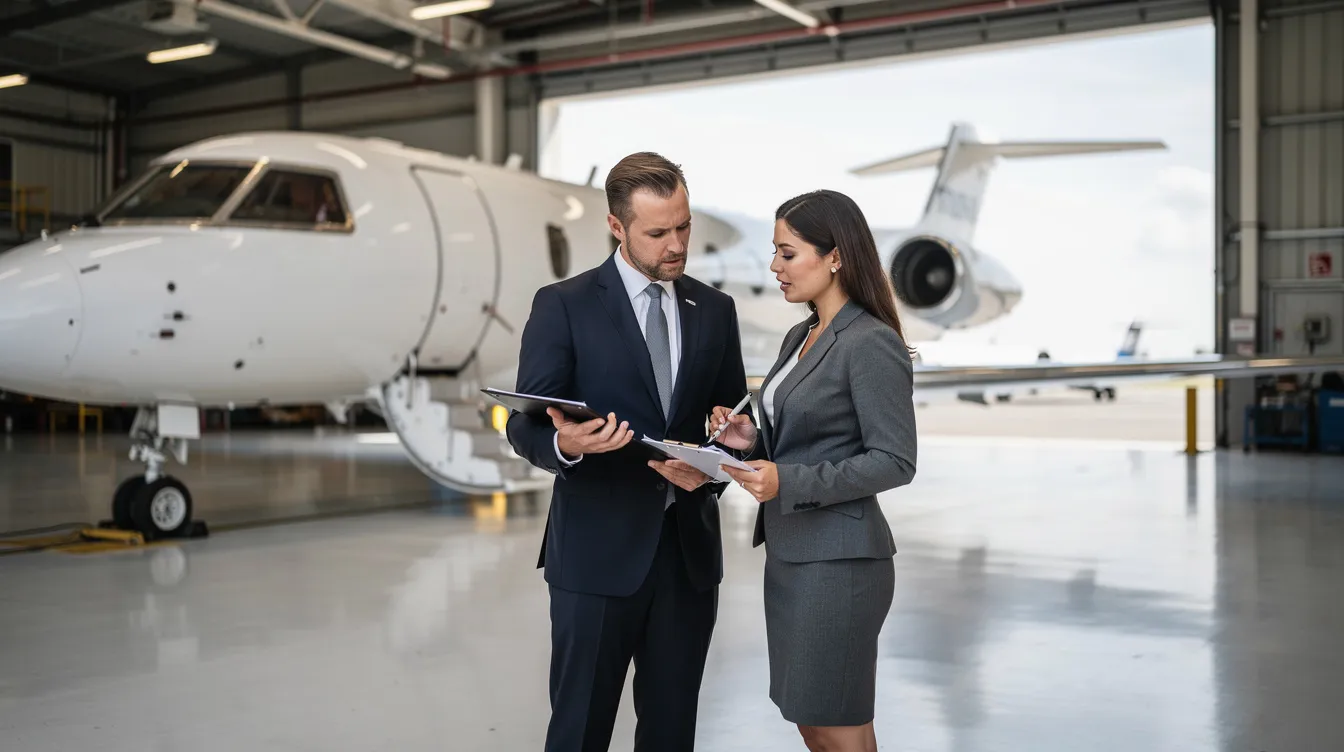 Two business professionals are reviewing documents next to a luxury private jet in a hangar, discussing details related to the aircraft market and potential ownership options. The setting highlights the intersection of business and aviation, emphasizing the efficiency and reliability of private jets.