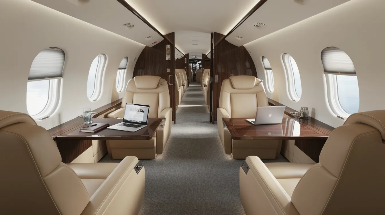The image depicts the interior of a large-cabin business jet, featuring luxurious leather seating and spacious work tables, with a well-appointed aft cabin area designed for comfort and productivity. This elegant setting showcases the premium quality often found in pre-owned aircraft, making it an ideal choice for corporate owners seeking efficiency in business aviation.