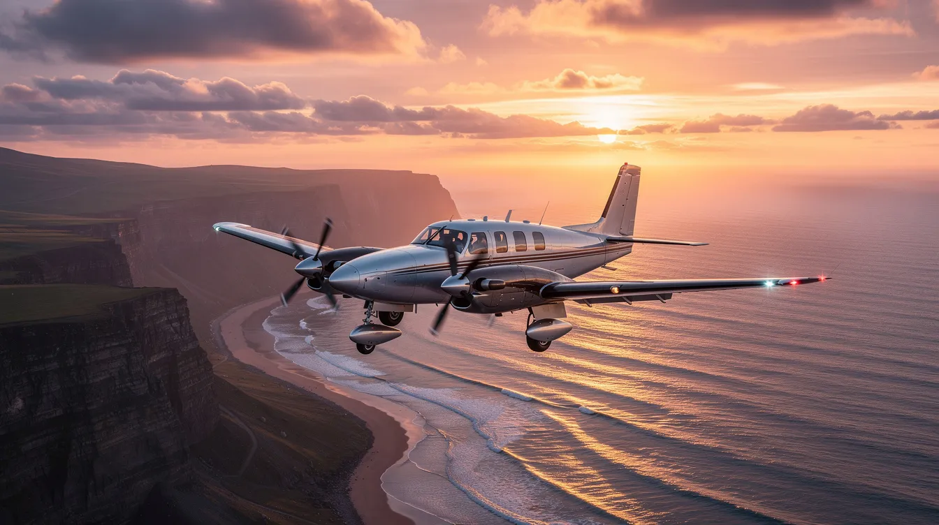 A twin-engine piston aircraft is soaring above a picturesque coastline as the sun sets, casting a warm glow over the scene. This image captures the essence of private air travel, highlighting the aircraft's sleek design and the tranquil beauty of the evening sky.