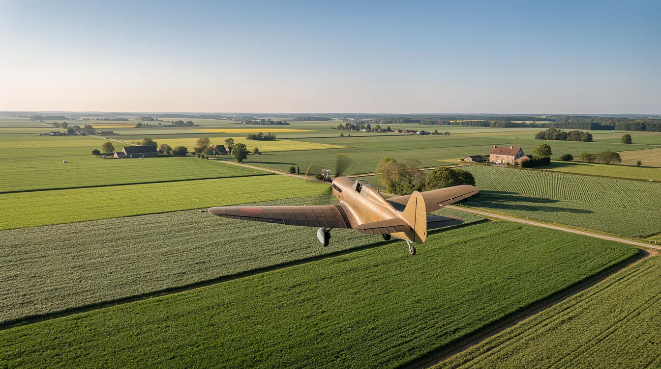 A piston aircraft with a propeller is soaring above lush green farmland beneath a clear blue sky, showcasing the beauty of private air travel. This scene highlights the freedom and performance of aviation, ideal for those interested in exploring the skies.