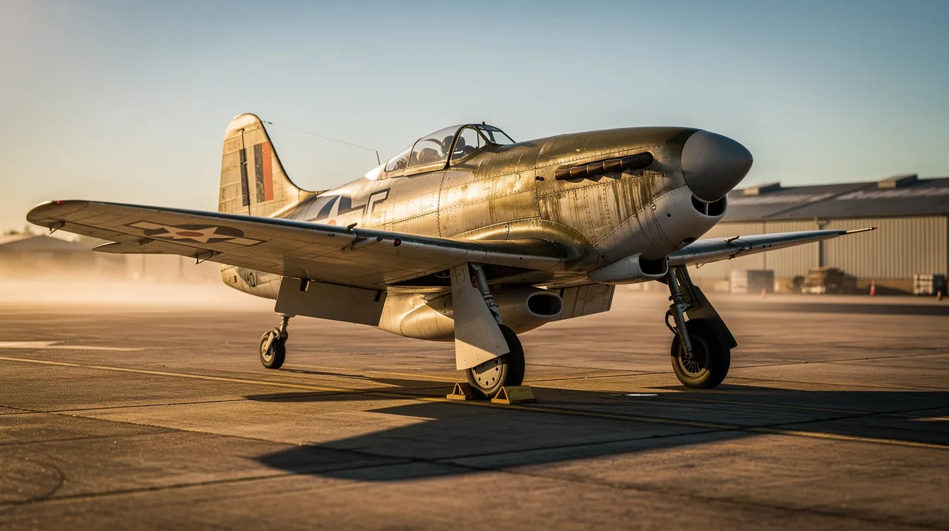 A vintage military fighter aircraft, fully restored and parked on an airfield tarmac, basks in the warm sunlight, showcasing its historical significance and sleek design. This operational jet fighter, reminiscent of aviation history, stands as a testament to the golden age of supersonic flight and military prowess.