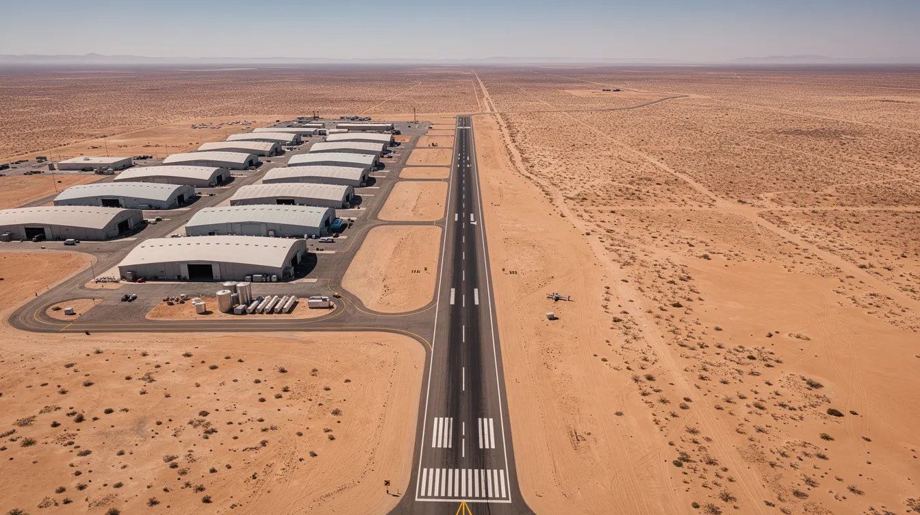 An aerial view of a desert airfield showcases large hangars and a long asphalt runway, where various military aircraft, including turbine military aircraft and operational jet fighters, are stationed. The scene reflects the historical significance of aviation and the possibilities for private ownership and government contract work in the realm of supersonic travel.