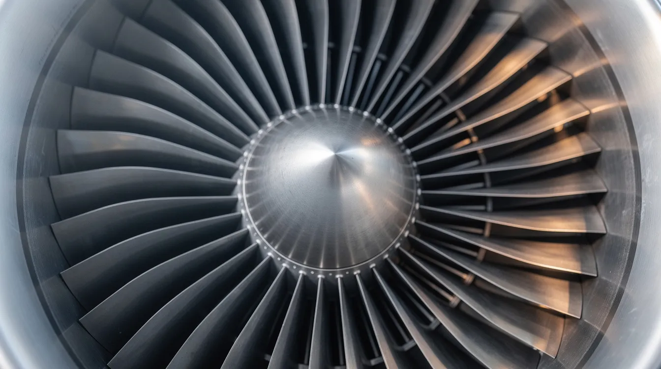 A close-up view of a jet engine turbine showcases its metallic blades reflecting light, emphasizing the intricate design and engineering of this essential component for supersonic flight in military aircraft. The turbine's sleek and powerful appearance highlights its role in operational jet fighters and advanced aviation technology.