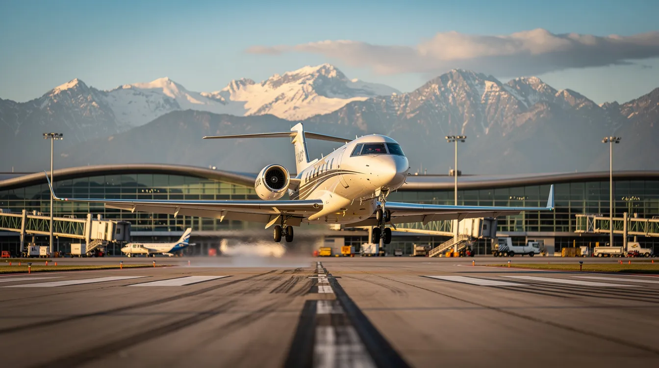 A private jet is landing at a modern airport, with majestic mountains in the background, illustrating the rising demand and market expansion in the business aviation sector. This scene reflects the luxury and efficiency sought by high net worth individuals and private jet users in today's competitive aircraft market.