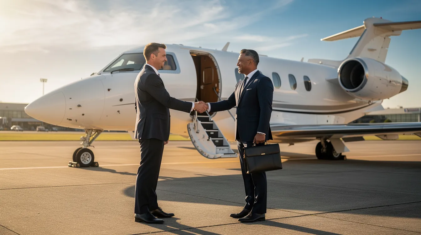 A business professional is shaking hands next to a sleek private jet on an airport ramp, symbolizing a successful deal in the world of pre-owned aircraft for sale. The scene conveys a sense of professionalism and opportunity in the aviation industry.