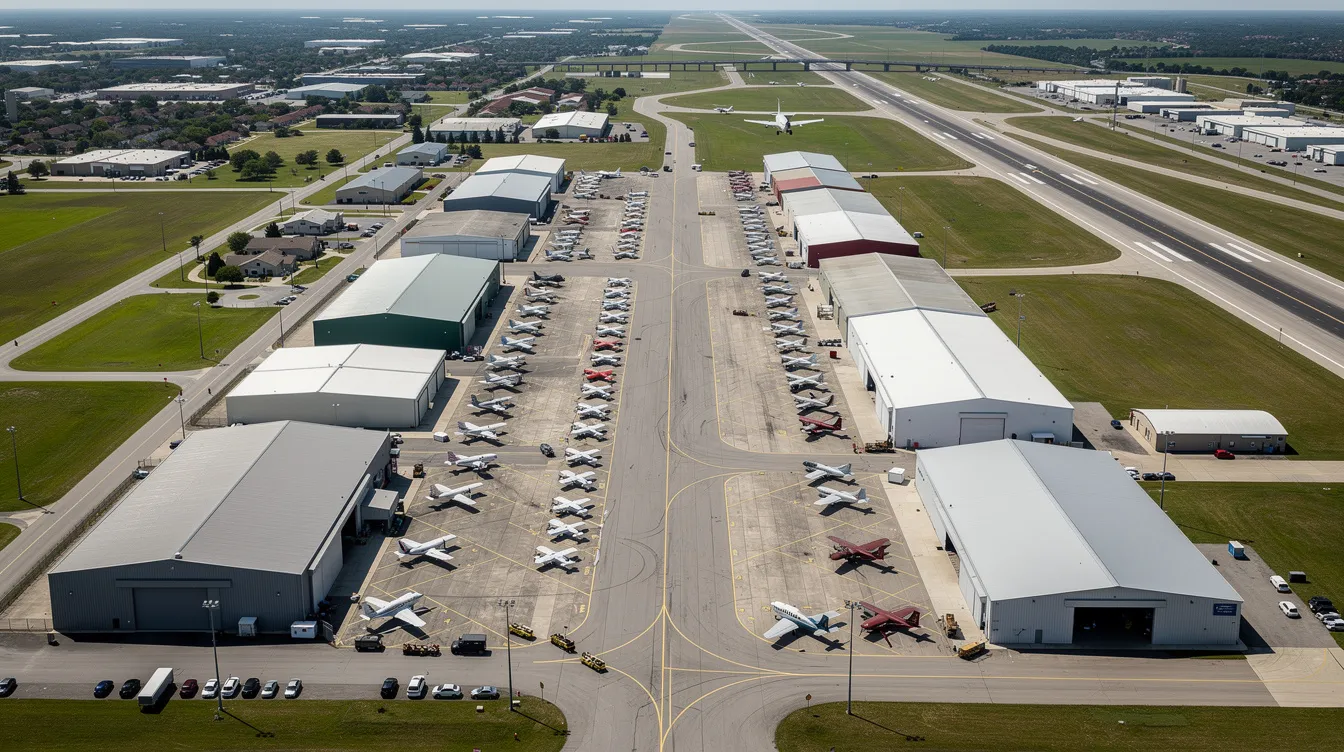 An aerial view captures a bustling general aviation airport featuring numerous hangars and a variety of small aircraft parked on the tarmac. This scene highlights the vibrant landscape of aviation businesses, which may include opportunities for buyers interested in aviation companies for sale.