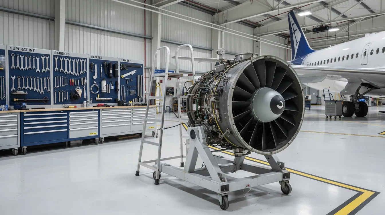 The image depicts the interior of a clean and well-organized aircraft maintenance hangar, featuring various tools and a partially disassembled engine, showcasing the essential services of aviation businesses. This setting highlights the operational aspects of aviation companies, making it an ideal representation for those interested in aviation businesses for sale.