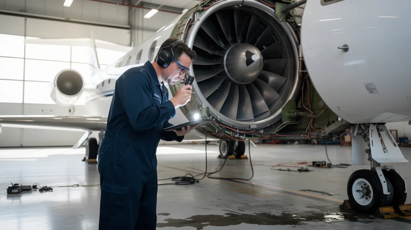 A mechanic in blue coveralls is closely inspecting the turbine engine of a business jet, surrounded by tools and equipment in a hangar. This scene highlights the meticulous work involved in maintaining aircraft, which are often available for sale in states like North Dakota, Texas, and Utah.