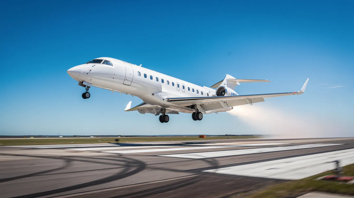 A sleek corporate jet is taking off from a runway, ascending into a clear blue sky, with the landscape of North Dakota visible in the background. This aircraft represents a prime opportunity for those interested in repossessed aircraft for sale.