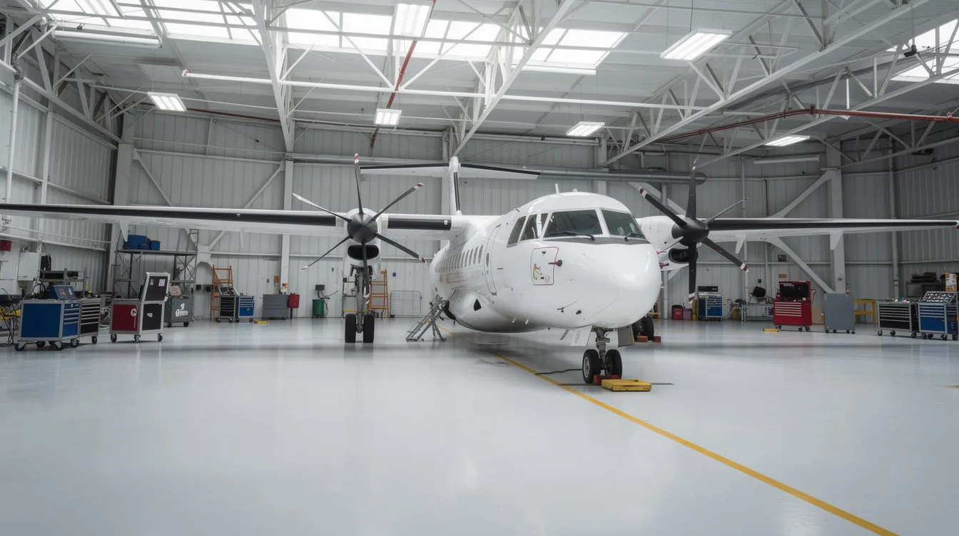 The image shows a turboprop aircraft positioned inside a spacious maintenance hangar, illuminated by overhead lights. This setting suggests a focus on aircraft maintenance and potential sale opportunities in locations like North Dakota, Texas, or Utah.