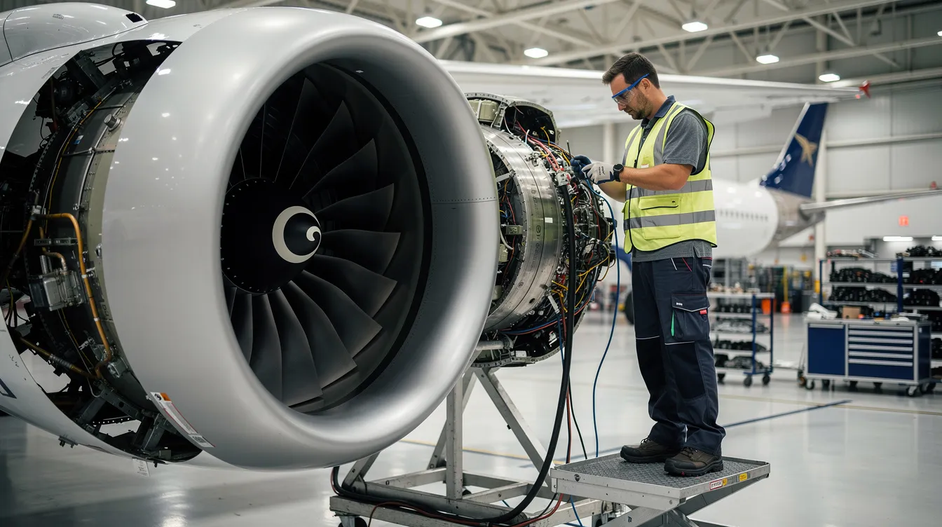 An aircraft maintenance technician is inspecting a high-performance engine inside a well-lit hangar, ensuring it meets quality standards after a fresh engine overhaul. This meticulous process is crucial for maintaining the reliability and smooth operation of aircraft, such as those offered by Pacific Airhub for aviation sales in southern Africa.