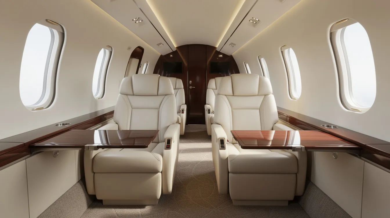 The image depicts the interior of a well-maintained business jet cabin featuring luxurious leather seats and elegant polished wood trim, ideal for those looking to purchase an aircraft for sale. This inviting space reflects attention to detail and comfort, making it perfect for business travel.