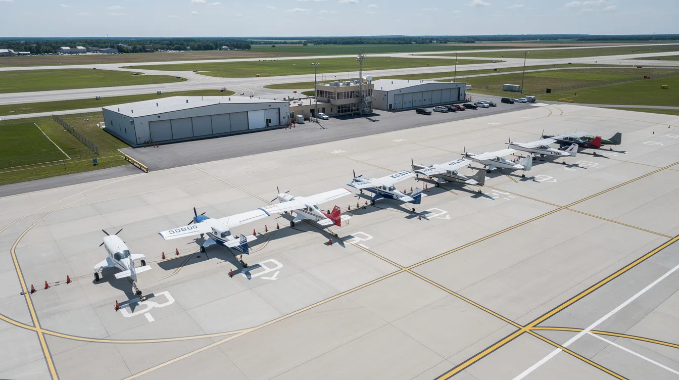 An aerial view showcases several well-maintained small aircraft parked in a neat row at a regional airport, highlighting options available for purchase. This image represents the local market for aircraft for sale, ideal for buyers interested in turboprops and other models.