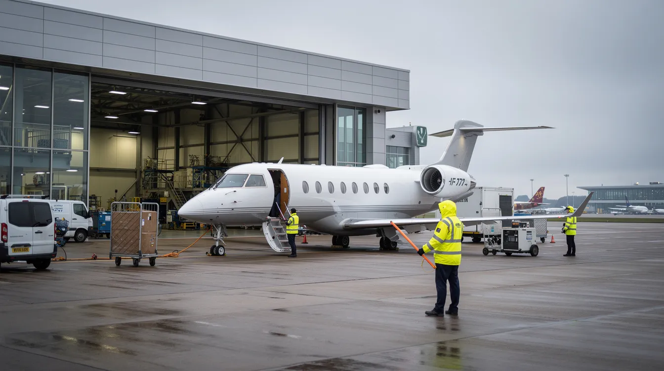 A sleek business jet is parked outside a modern hangar at a busy English airport, with ground crew members actively preparing for the next flight. This scene showcases the vibrant aviation industry, highlighting aircraft for sale and the excellent condition of private jets available for discerning aircraft buyers.