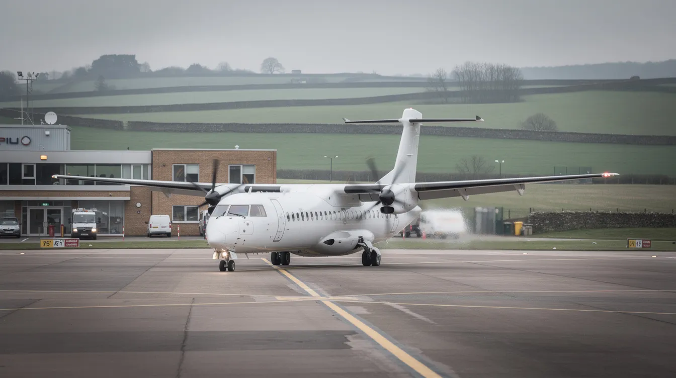 A turboprop aircraft is taxiing on the runway of a regional airport in England, with lush green hills providing a scenic backdrop. This light aircraft represents an excellent option for private pilots and aircraft buyers exploring current listings in the aviation industry.