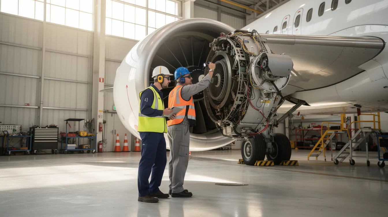 Two aviation professionals are closely inspecting a jet engine inside a spacious hangar, surrounded by various tools and equipment. This scene highlights the meticulous work involved in aircraft maintenance and the importance of services for aircraft sales in Europe.