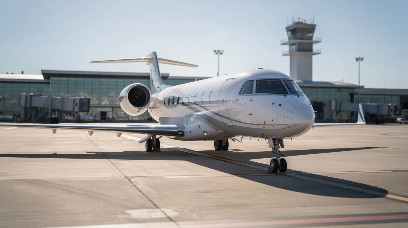 A large business jet is parked on a sunlit tarmac, showcasing its sleek design and luxury features, with airport buildings visible in the background. This aircraft represents the pinnacle of private aviation, ideal for long distances and comfortable travel for discerning customers.